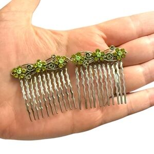 Vintage Green Rhinestone Hair Comb Set Floral Metal Hair Accessory